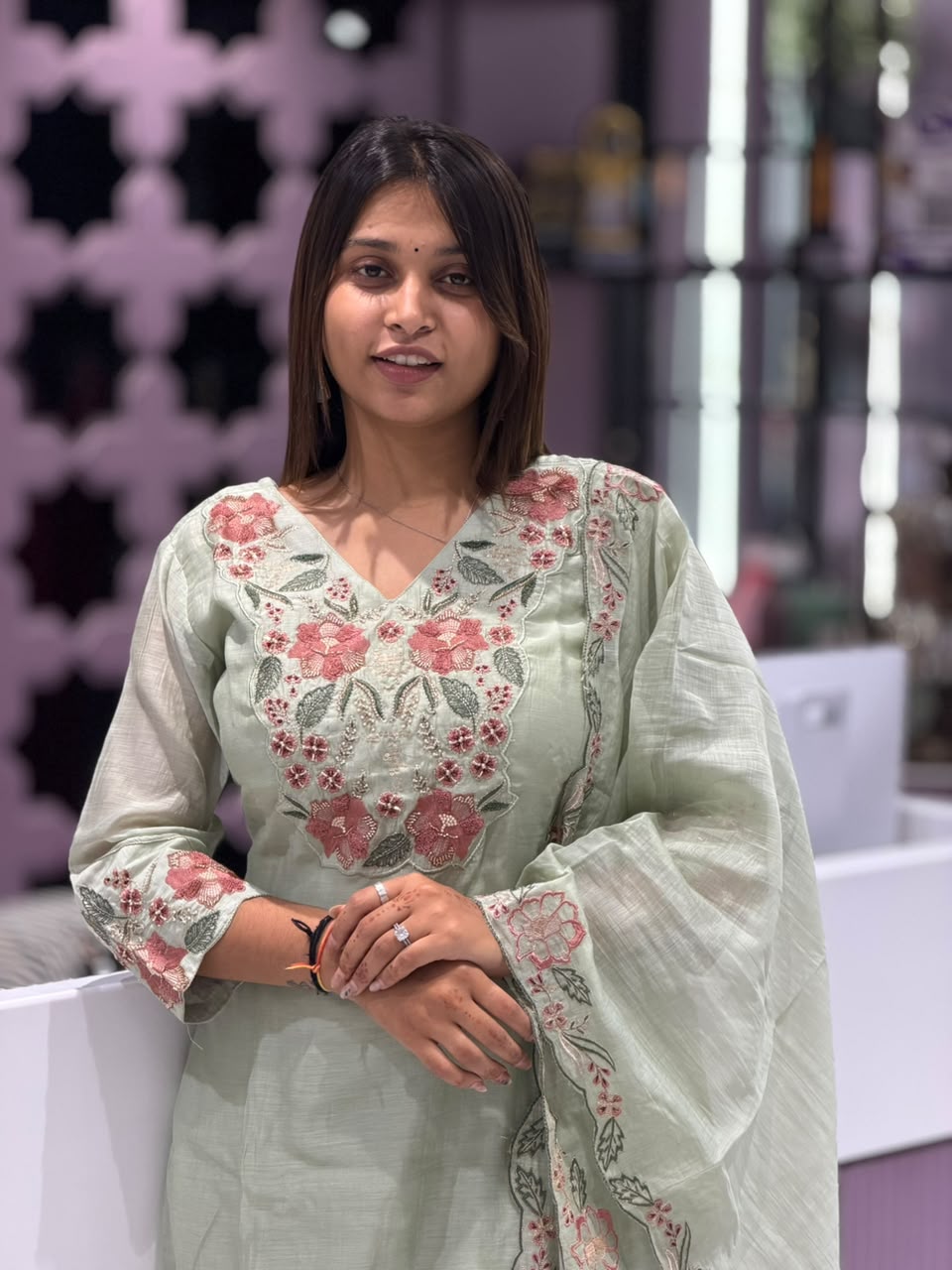 Beautiful Mint Green Floral Embroidered Kurti & Palazzo Set