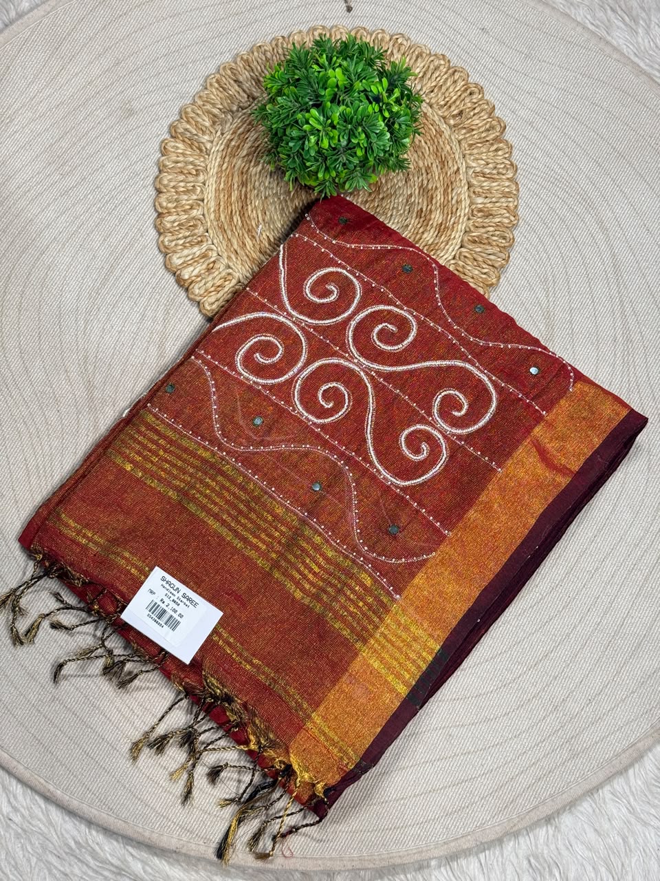 SHAGUN FASHION Handloom Sharbat Silk Saree with Mirror & Aari Work