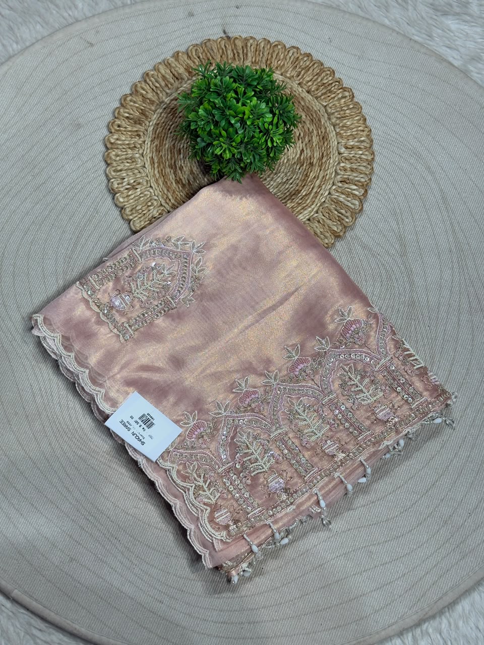SHAGUN FASHION Premium Shimmer Organza Designer Saree with Heavy Cutwork & Bead Border