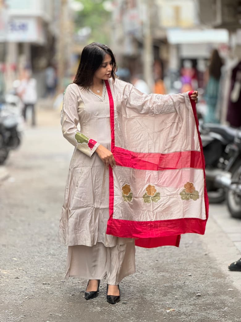 Beige Anarkali Kurta Set with Designer Contrast Pink Dupatta by SHAGUN FASHION