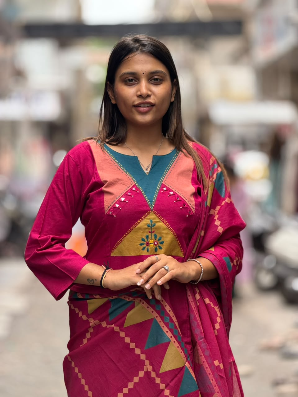 SHAGUN FASHION Women Rani Pink Cotton Embroidered Straight Kurta with Matching Pant & Geometric Print Dupatta Set