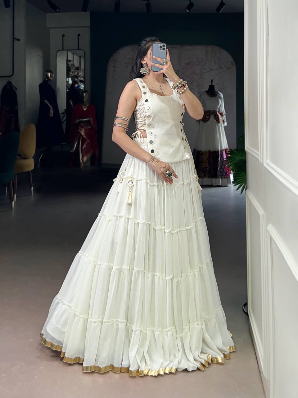 SHAGUN FASHION Designer Mirror Work Tiered Lehenga Choli Set