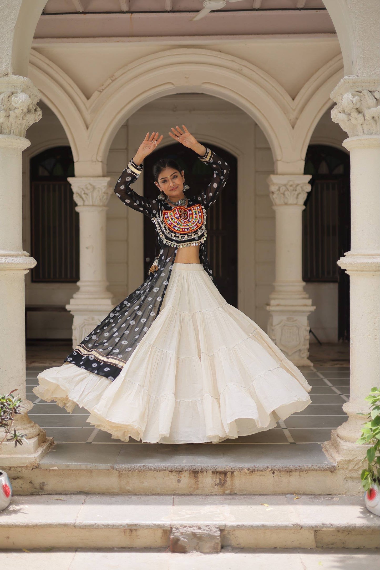 SHAGUN FASHION Exclusive Navratri Special Bandhani Shrug & Tiered Lehenga Set