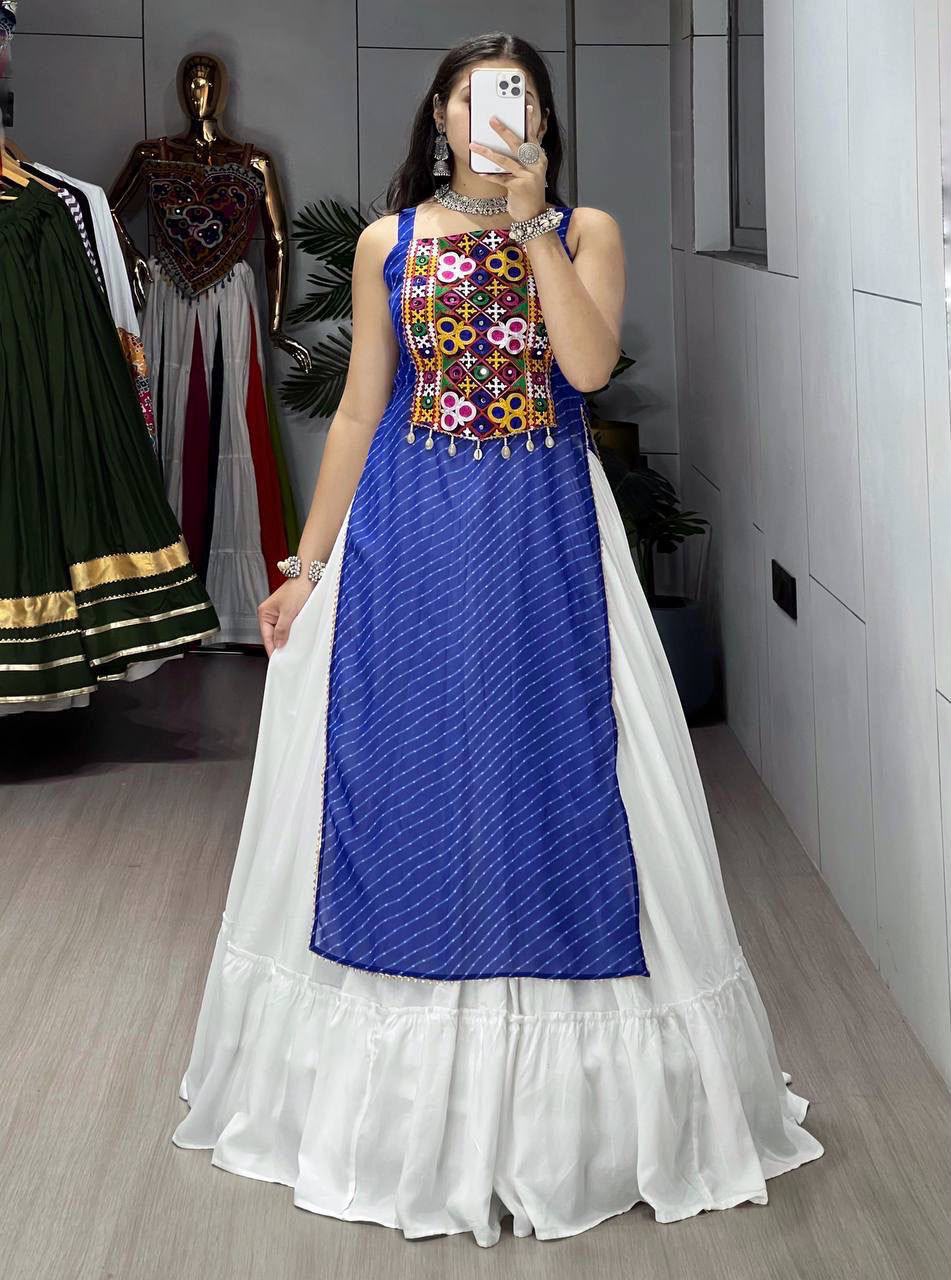 SHAGUN FASHION Traditional Gujarati Kutchi Embroidered Kurti with White Flared Skirt Set