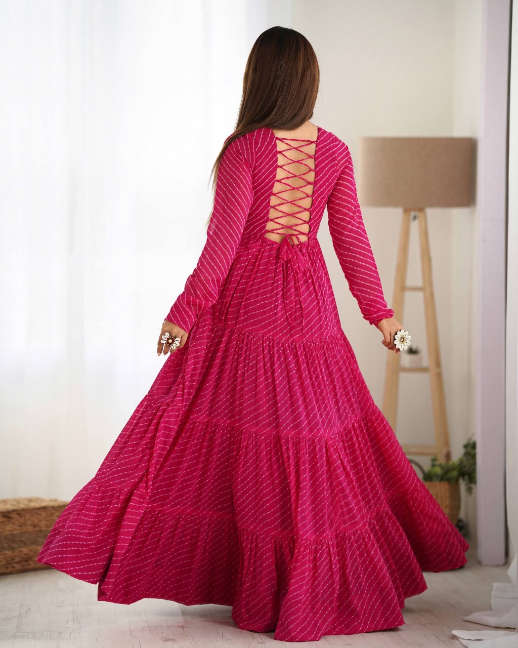 SHAGUN FASHION Exclusive Leheriya Georgette Anarkali Gown with Kutchi Patchwork & Dori Back