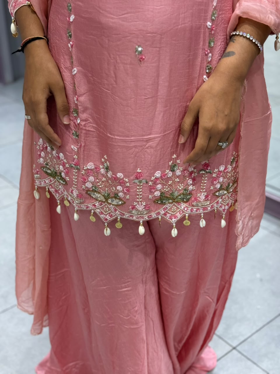 Title: SHAGUN FASHION Elegant Pink Handwork Kurti Sharara Set with Dupatta