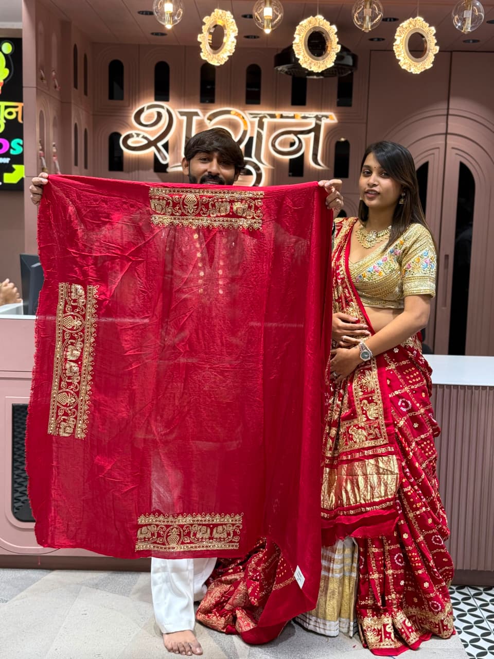 SHAGUN FASHION Exclusive Royal Red Gharchola Bandhani Lehenga Saree Set with Heavy Zari & Elephant Border