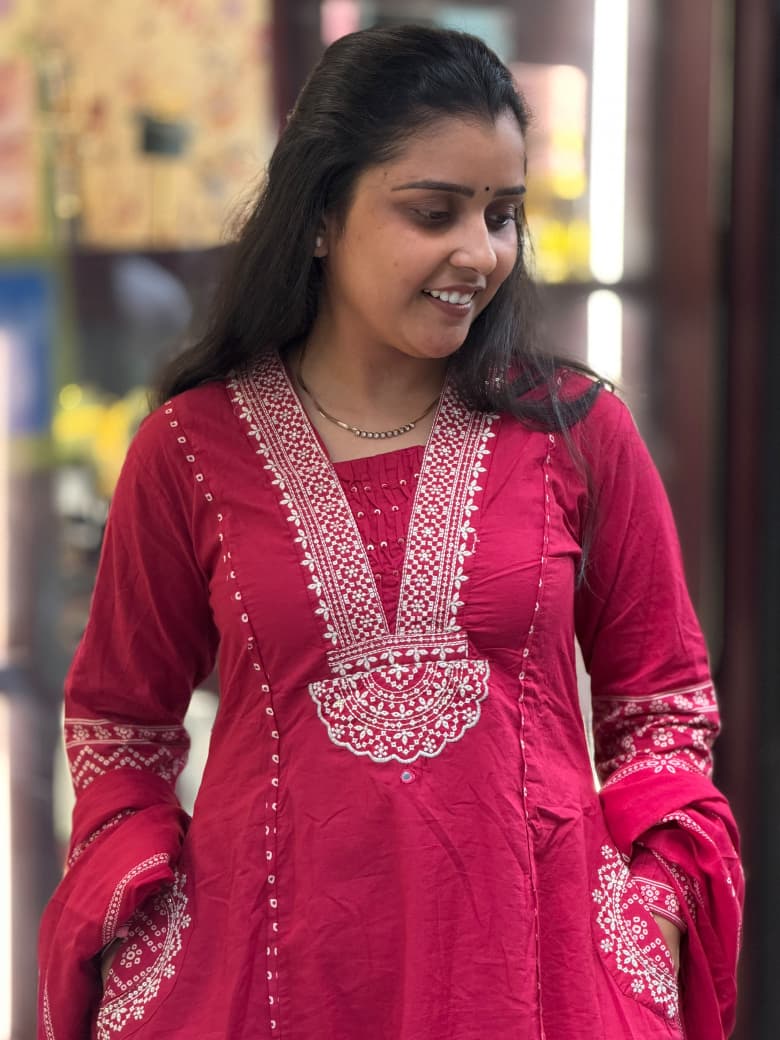 Premium Cotton Heavy Embroidery Work Kurti Pant Dupatta Set | SHAGUN FASHION