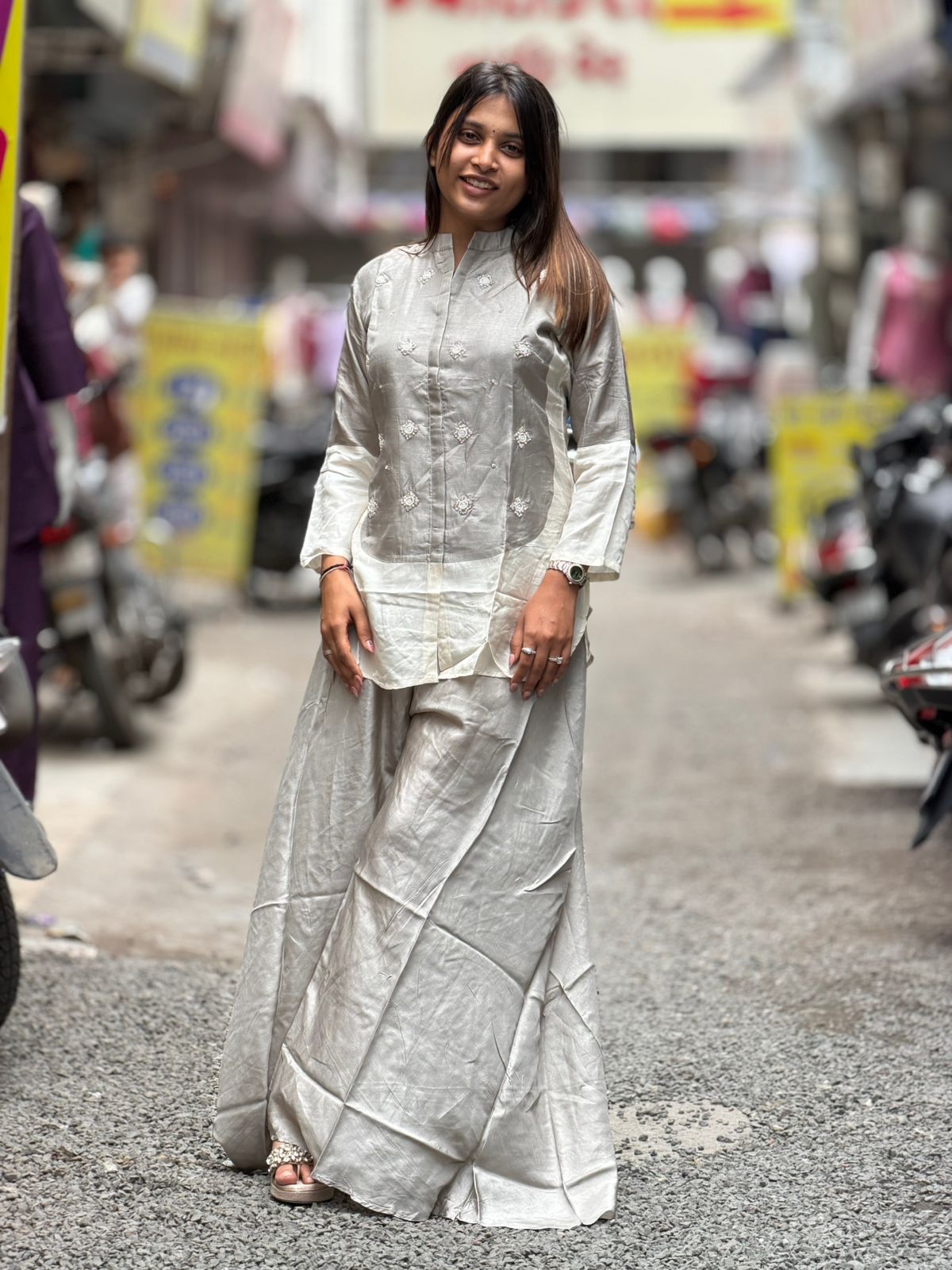 SHAGUN FASHION Designer Silk Co-Ord Set – Kurti with Flared Sharara / Palazzo Pants