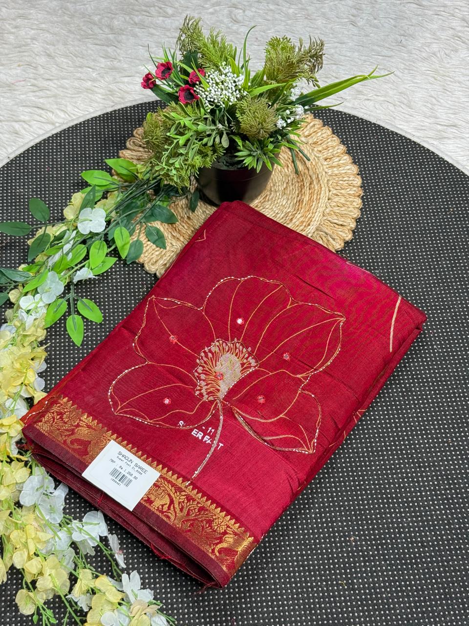 SHAGUN FASHION Premium Lotus Floral Aari Handwork Soft Linen Silk Saree with Rich Golden Zari Border — Exclusive on zankhi.in
