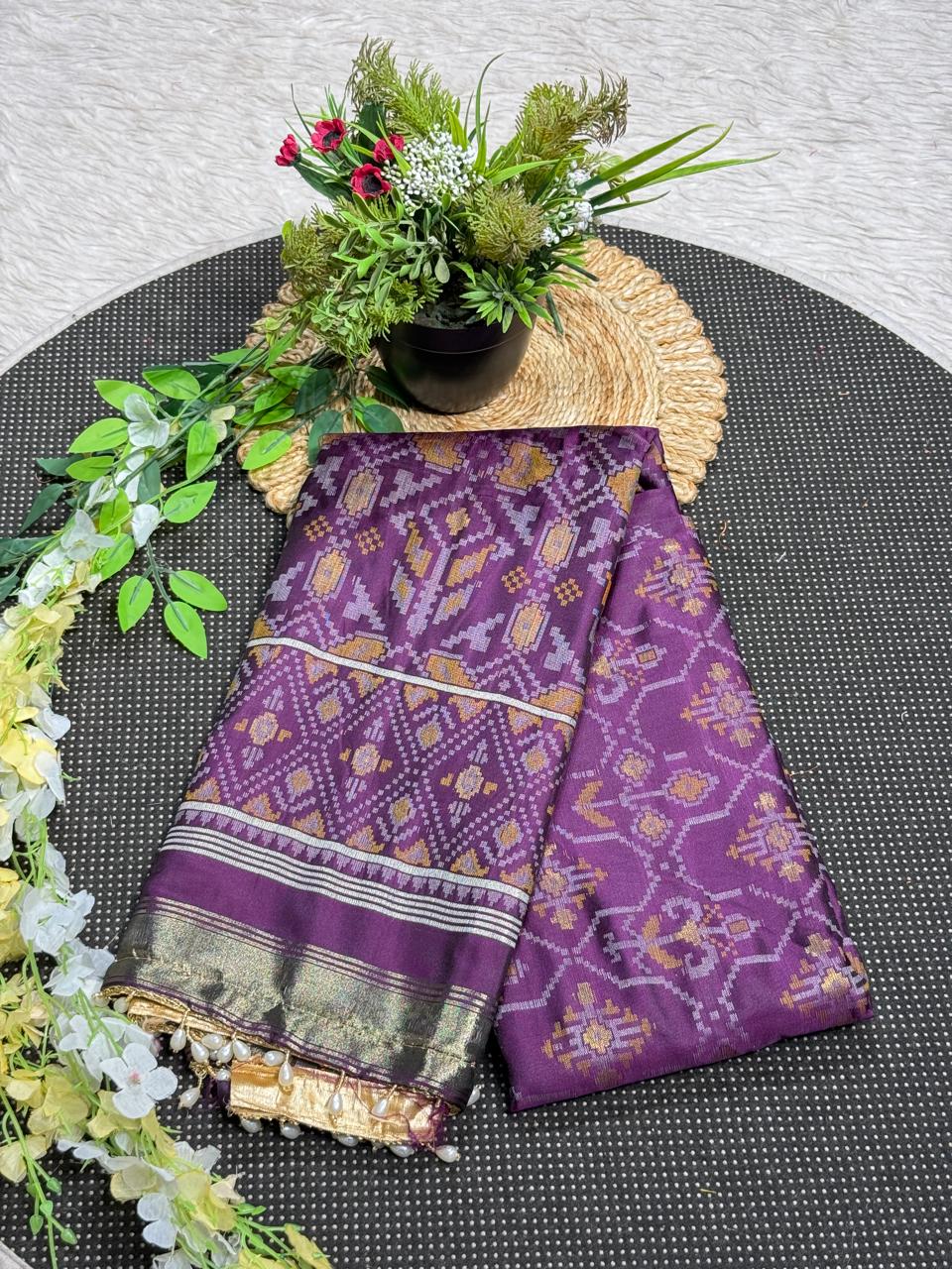 SHAGUN FASHION Premium Patola Weave Silk Saree with Rich Zari Border & Pearl Latkan