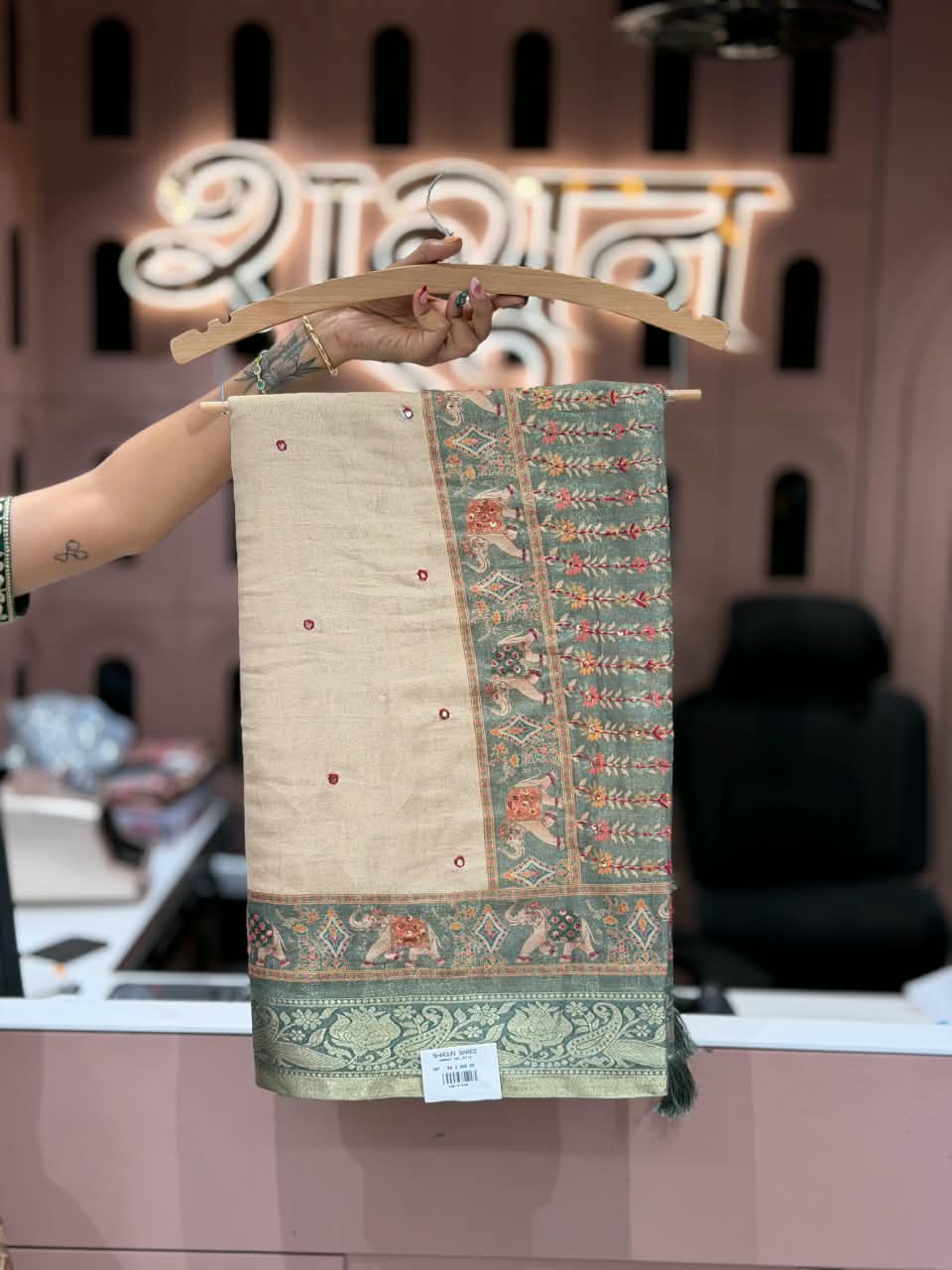 SHAGUN FASHION Premium Natural Linen Cotton Saree with Elephant Motif, Mirror Handwork Border & Matching Blouse Piece