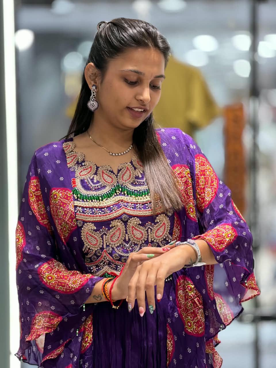 SHAGUN FASHION Premium Purple Georgette Bandhani Print Anarkali Gown with Heavy Embroidery & Shrug Dupatta