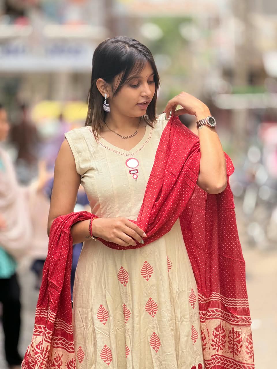SHAGUN FASHION Premium Cream & Red Printed Cotton Kurti Set with Dupatta