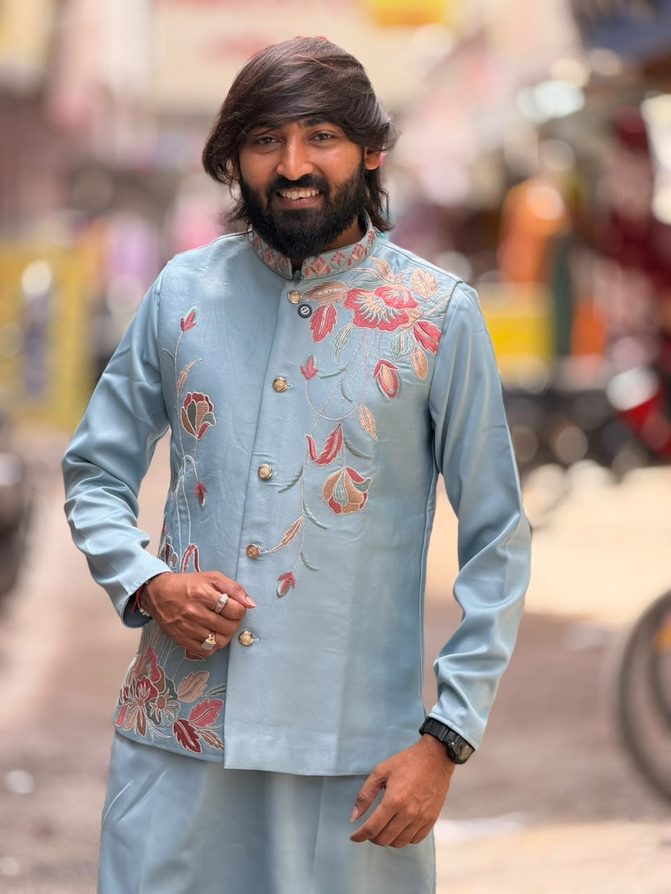 SHAGUN FASHION Men’s Floral Embroidered Kurta Jacket Set — Premium Festive Wear