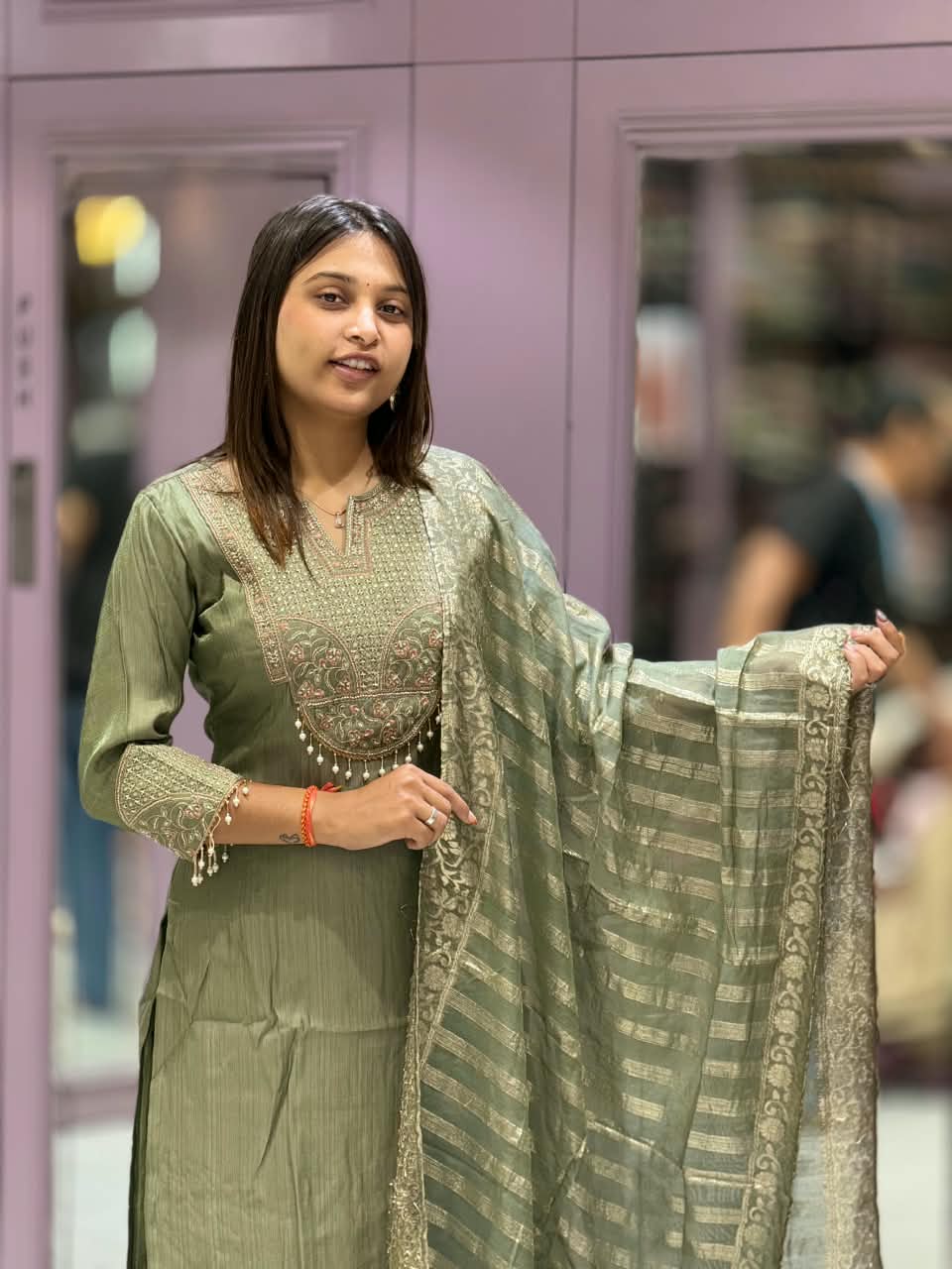 SHAGUN FASHION Premium Elegant Silk Straight Suit Set with Heavy Neck Embroidery, Pearl Latkan & Zari Woven Dupatta