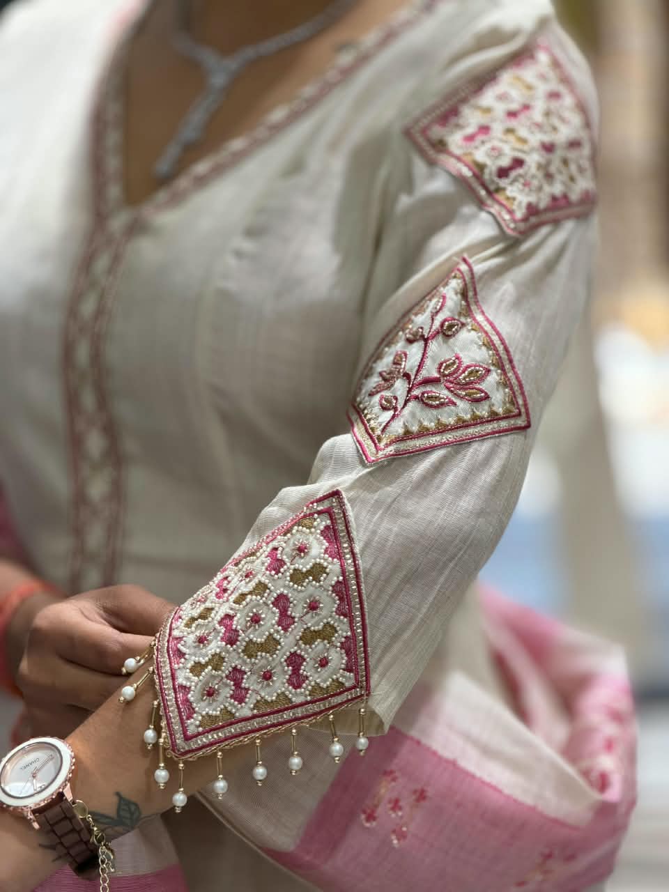SHAGUN FASHION Premium Off-White Silk Blend Embroidered Kurti Palazzo Set with Pink Dupatta – Available Exclusively on zankhi.in