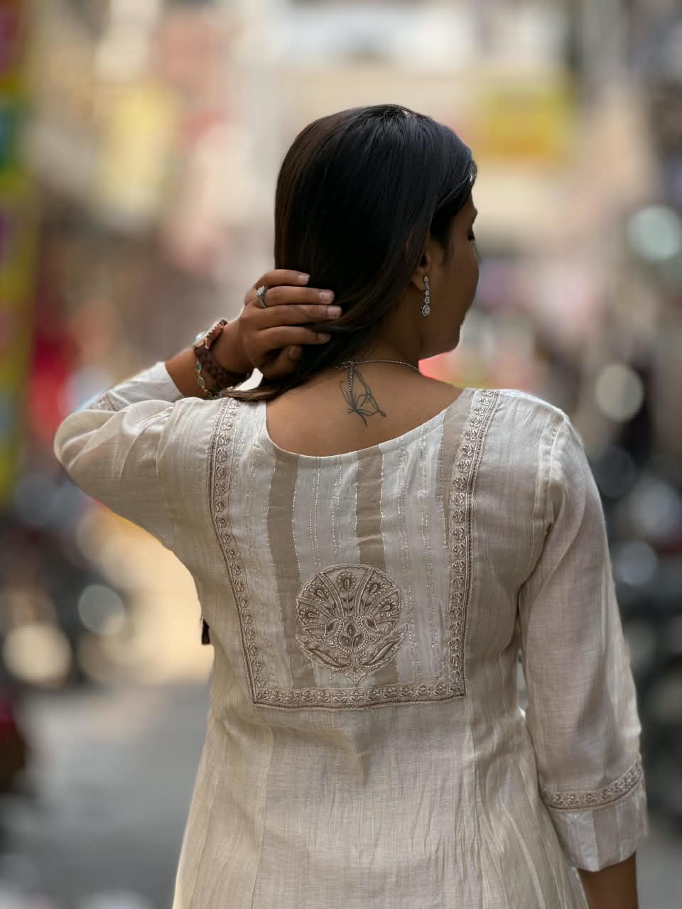 SHAGUN FASHION – Premium Designer Handwork Off-White Kurti, Palazzo & Dupatta Set