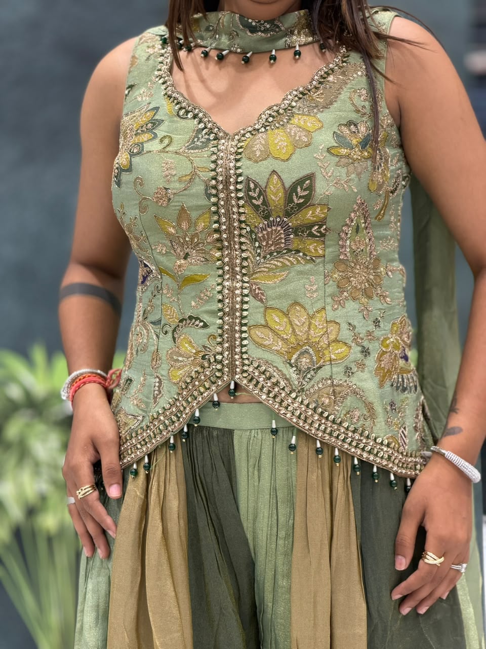 SHAGUN FASHION Premium Designer Olive Green Embroidered Top & Sharara Set – Exclusively on zankhi.in