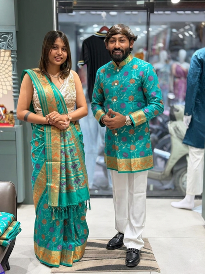 SHAGUN FASHION Premium Couple Combo Set – Matching Banarasi Silk Saree & Men's Short Sherwani Kurta