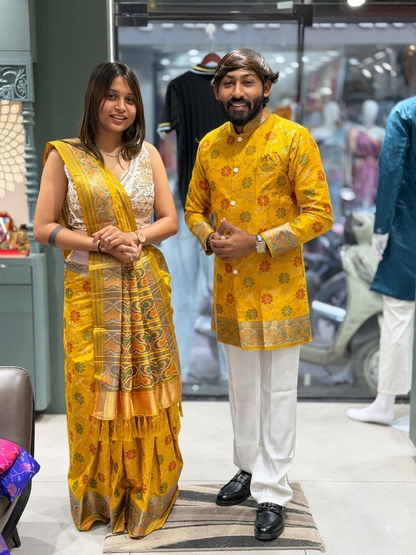 SHAGUN FASHION Premium Couple Combo Set – Matching Banarasi Silk Saree & Men's Short Sherwani Kurta