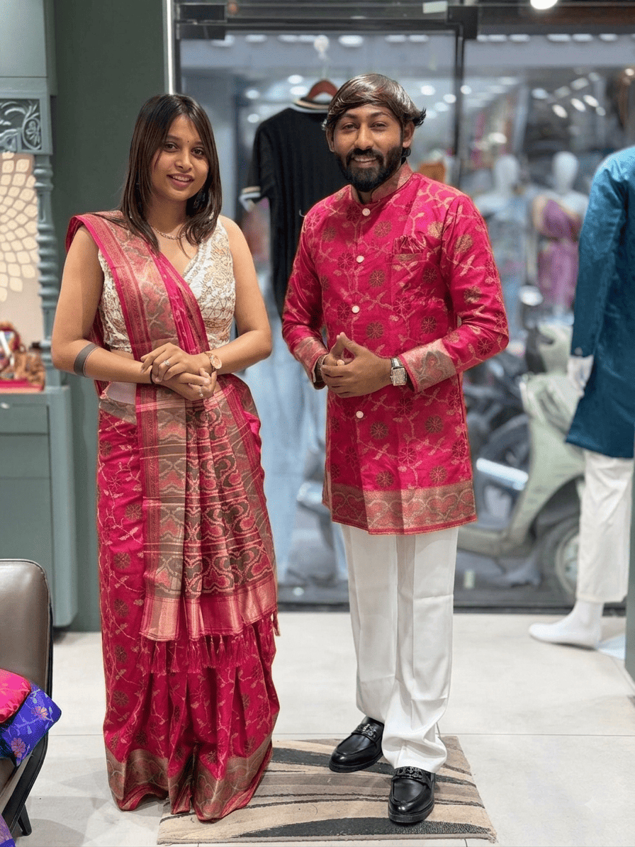 SHAGUN FASHION Premium Couple Combo Set – Matching Banarasi Silk Saree & Men's Short Sherwani Kurta