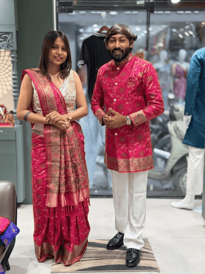 SHAGUN FASHION Premium Couple Combo Set – Matching Banarasi Silk Saree & Men's Short Sherwani Kurta