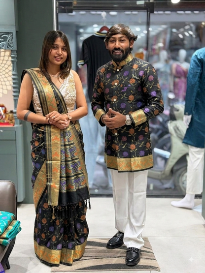 SHAGUN FASHION Premium Couple Combo Set – Matching Banarasi Silk Saree & Men's Short Sherwani Kurta