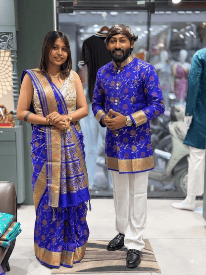 SHAGUN FASHION Premium Couple Combo Set – Matching Banarasi Silk Saree & Men's Short Sherwani Kurta