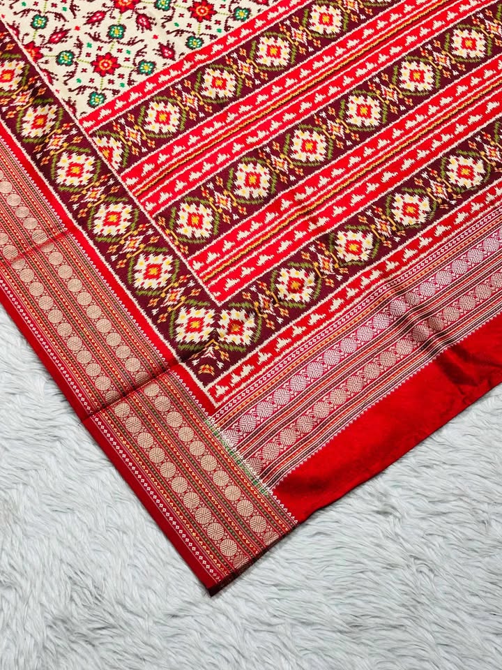 Patola Print Saree with Cream Floral Design | Traditional Saree by Shagun Sarees