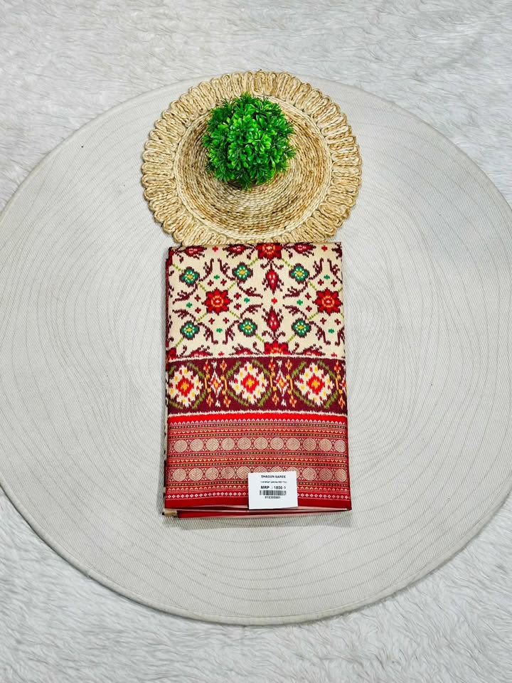 Patola Print Saree with Cream Floral Design | Traditional Saree by Shagun Sarees