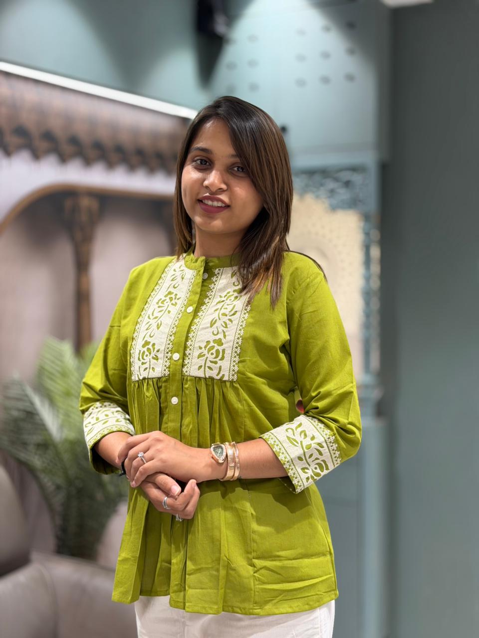 SHAGUN FASHION Women’s Cotton Embroidered Short Kurti Top – Casual Ethnic Wear (Multiple Colors)