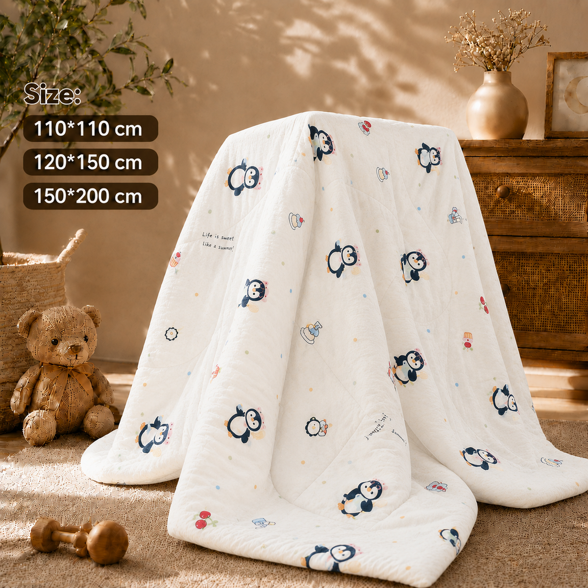 Cute Penguin Print Soft Quilted Baby Blanket – All Season