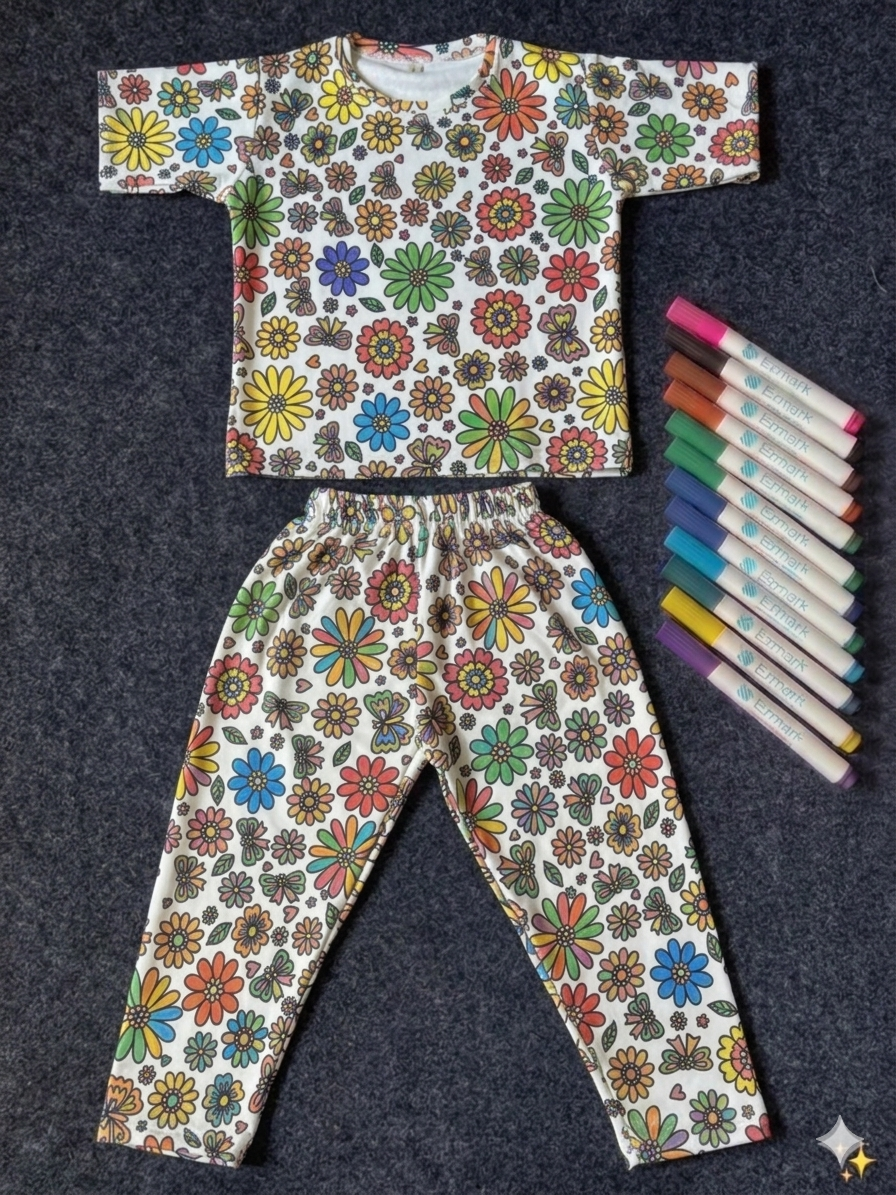 Arni Art Creative DIY Floral Coloring Kids Night Suit Set by SHAGUN KIDS