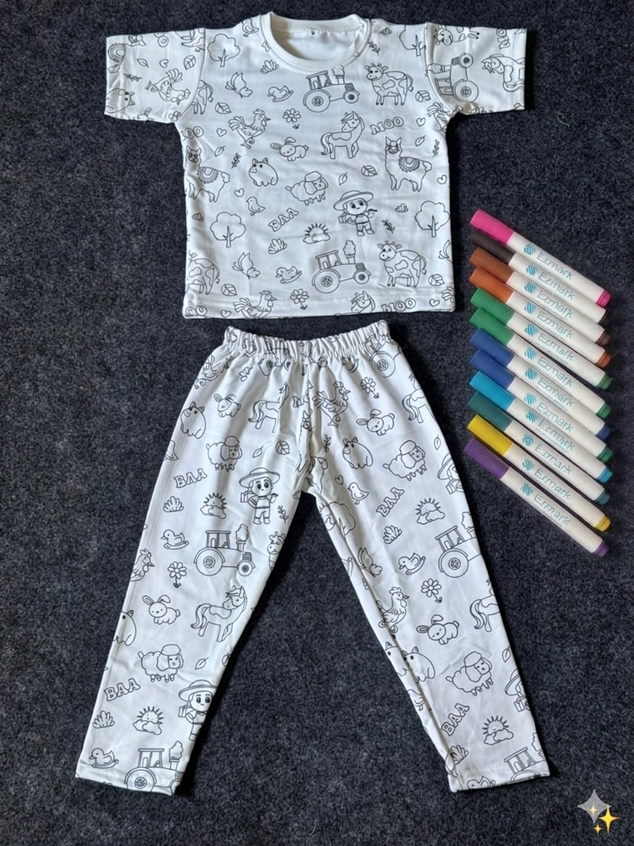 Cute Farm Theme DIY Coloring Kids Night Suit Set by SHAGUN KIDS