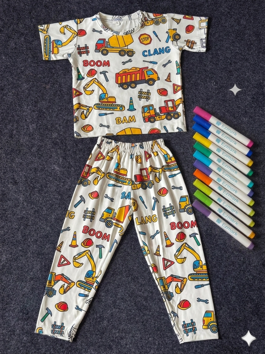 Arni Arts Creative Construction Theme Colorable Girls And Boys  Night Suit Set by SHAGUN KIDS