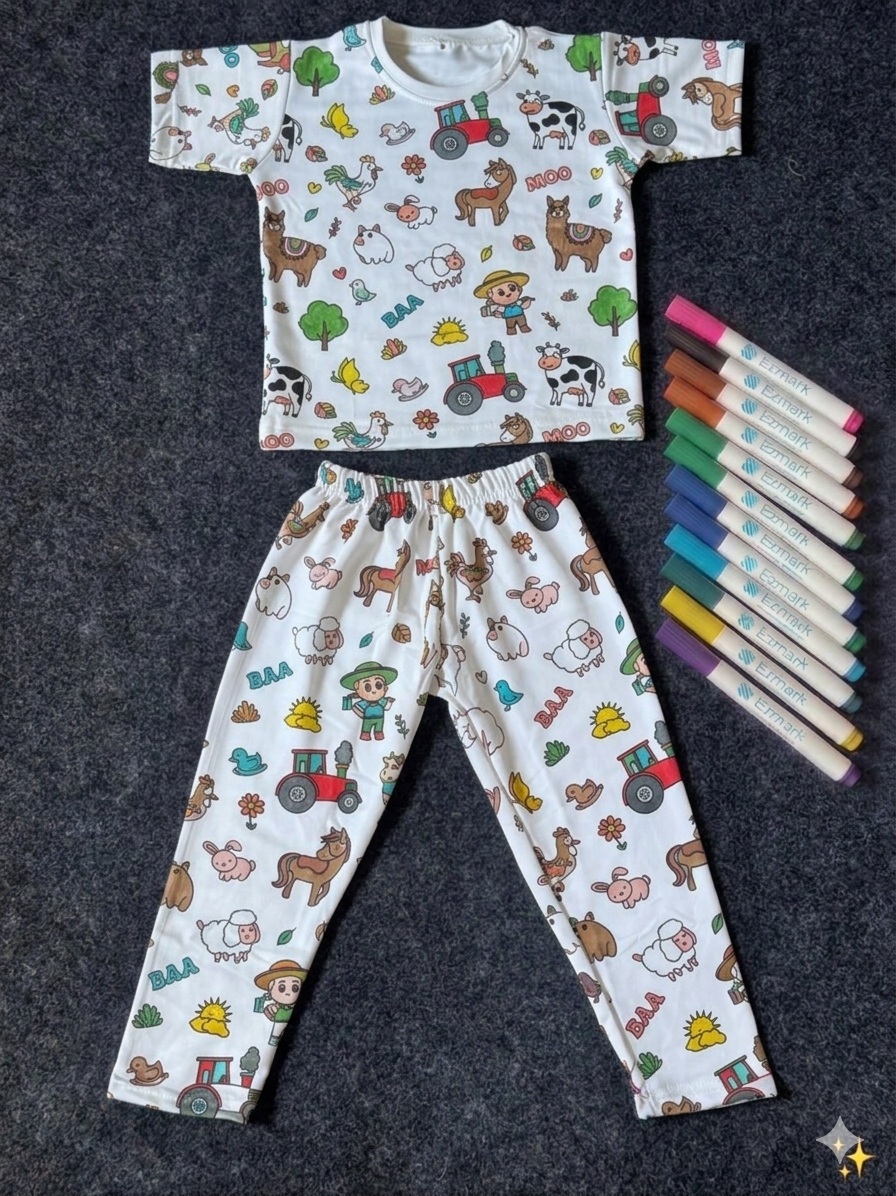 Cute Farm Theme DIY Coloring Kids Night Suit Set by SHAGUN KIDS