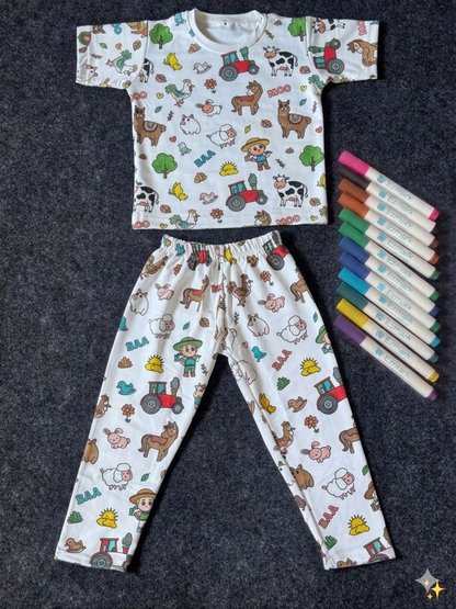 Cute Farm Theme DIY Coloring Kids Night Suit Set by SHAGUN KIDS