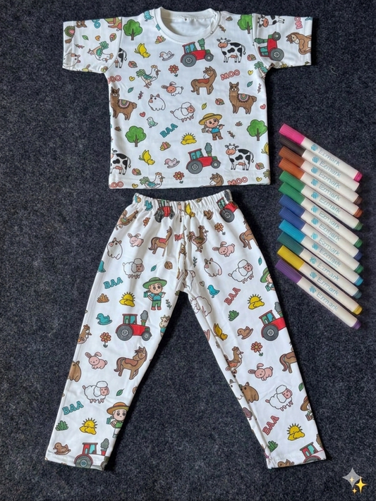 Cute Farm Theme DIY Coloring Kids Night Suit Set by SHAGUN KIDS
