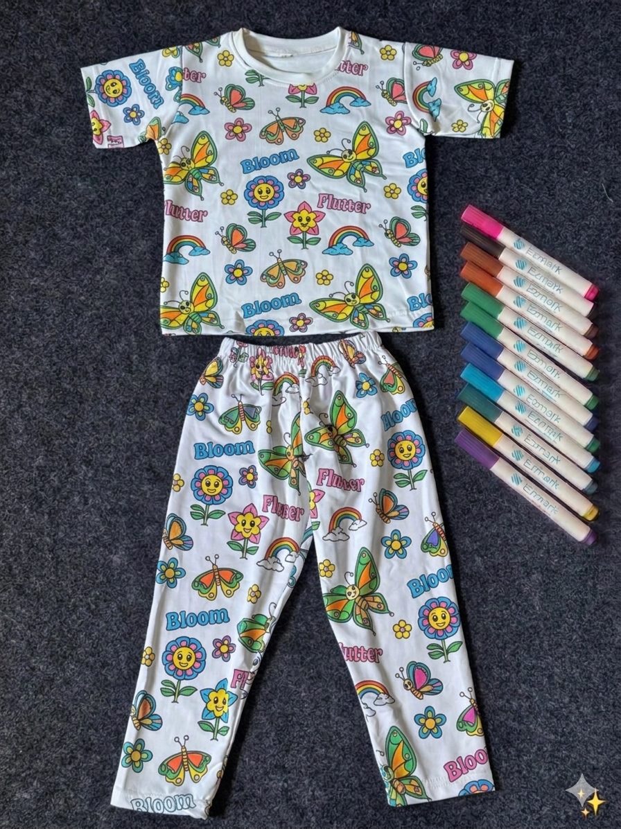 Cute Butterfly & Rainbow DIY Coloring Girls And Boys Night Suit Set by SHAGUN KIDS