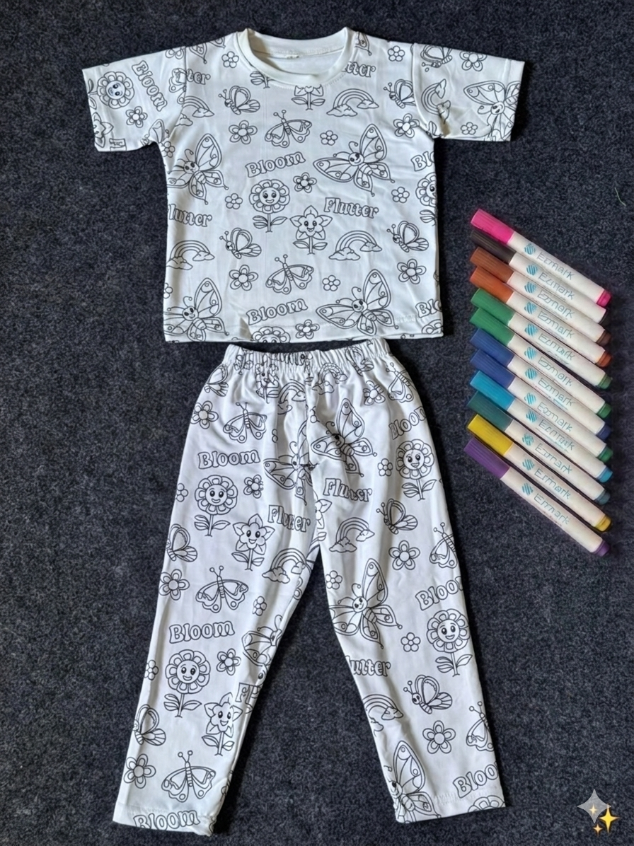 Cute Butterfly & Rainbow DIY Coloring Girls And Boys Night Suit Set by SHAGUN KIDS