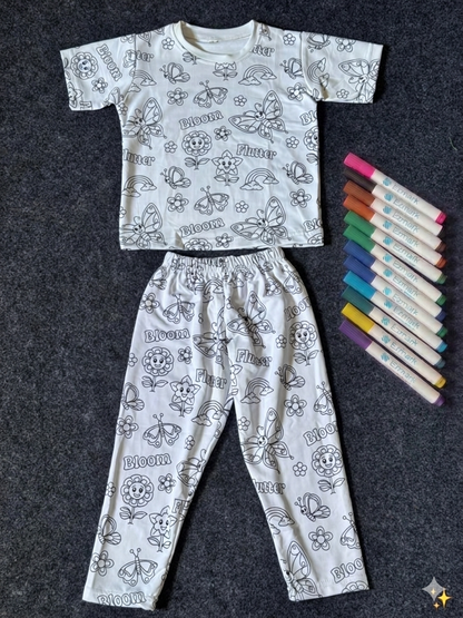 Cute Butterfly & Rainbow DIY Coloring Girls And Boys Night Suit Set by SHAGUN KIDS