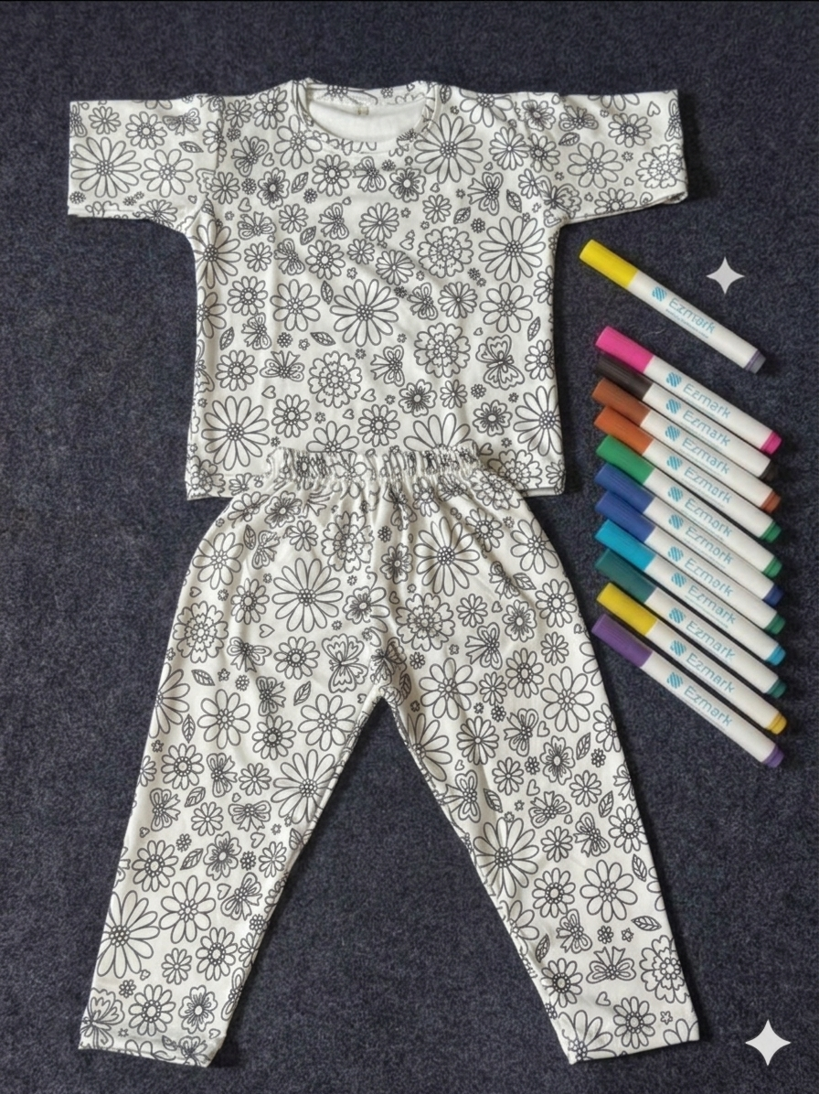 Arni Art Creative DIY Floral Coloring Kids Night Suit Set by SHAGUN KIDS