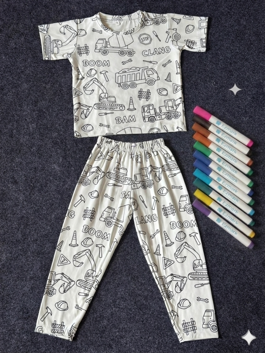 Arni Arts Creative Construction Theme Colorable Girls And Boys  Night Suit Set by SHAGUN KIDS