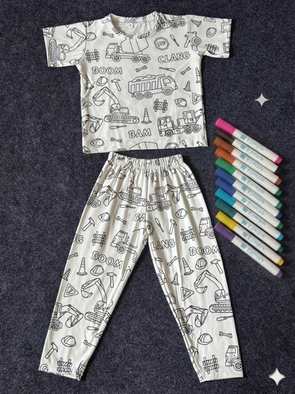 Arni Arts Creative Construction Theme Colorable Girls And Boys  Night Suit Set by SHAGUN KIDS