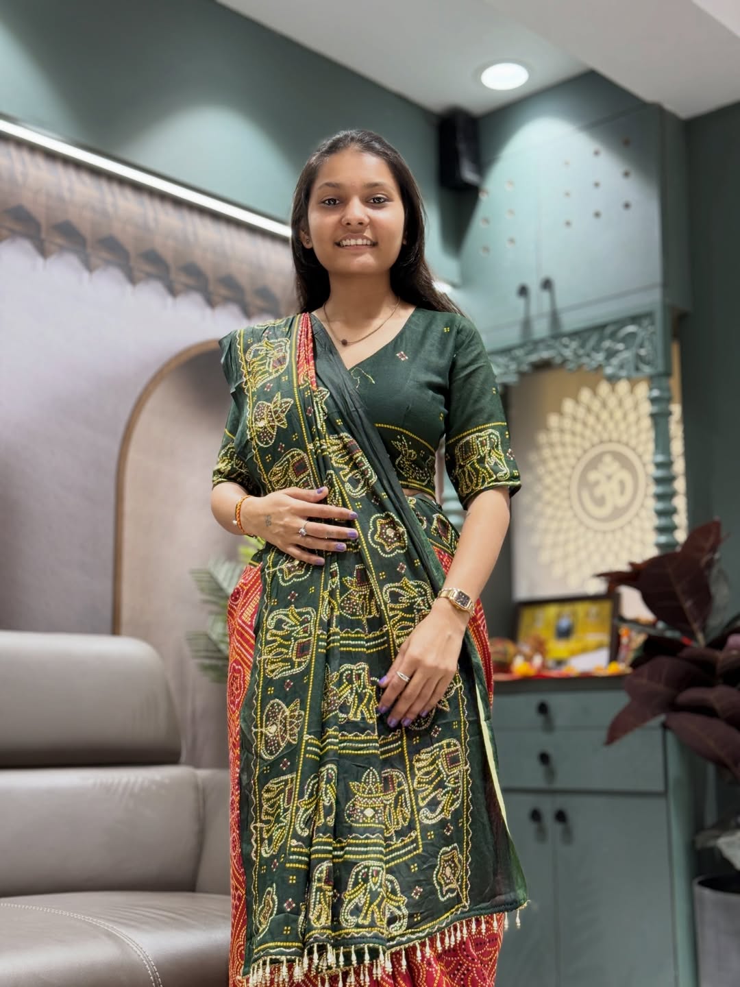 Gharchola Bandhani Saree with Elephant & Kalash Motifs