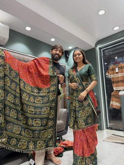 Gharchola Bandhani Saree with Elephant & Kalash Motifs