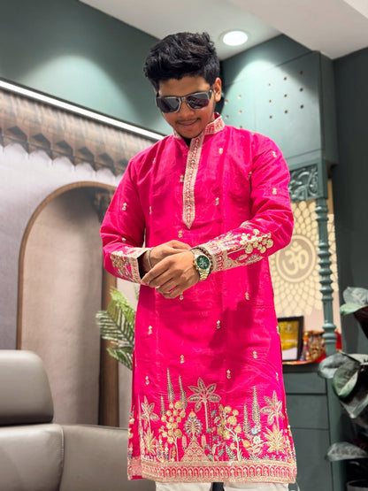 SHAGUN FASHION Men’s Embroidered Silk Blend Kurta with Churidar Set – Festive & Ethnic Wear