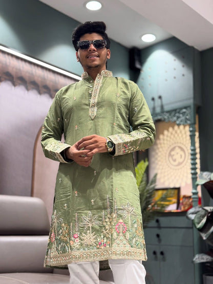 SHAGUN FASHION Men’s Embroidered Silk Blend Kurta with Churidar Set – Festive & Ethnic Wear