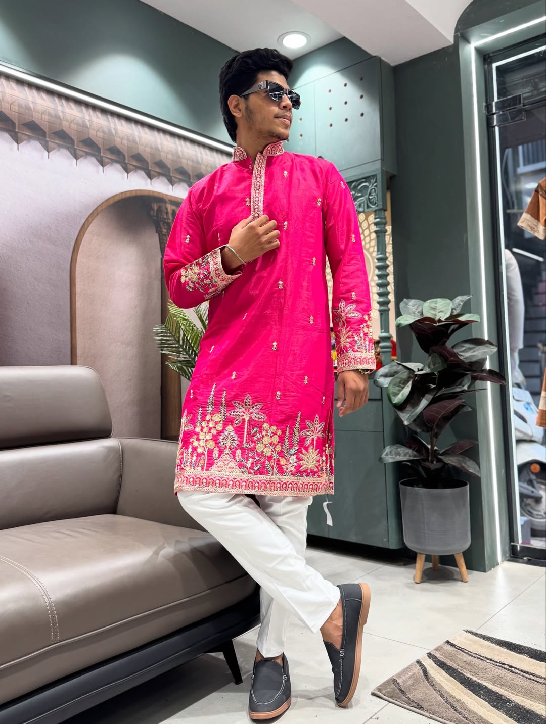 SHAGUN FASHION Men’s Embroidered Silk Blend Kurta with Churidar Set – Festive & Ethnic Wear